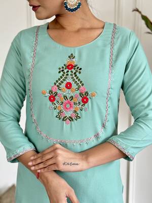 Thread Work Rayon Fabric Straight Kurta, Pant and Dupatta Set 4
