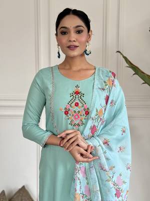 Thread Work Rayon Fabric Straight Kurta, Pant and Dupatta Set 5