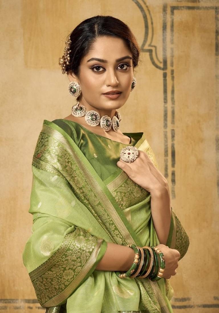 Green soft tusser silk blend with kalamkari weaving saree with blouse