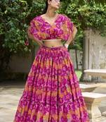 Pink and Mustard Chiffon Floral Printed Lehenga