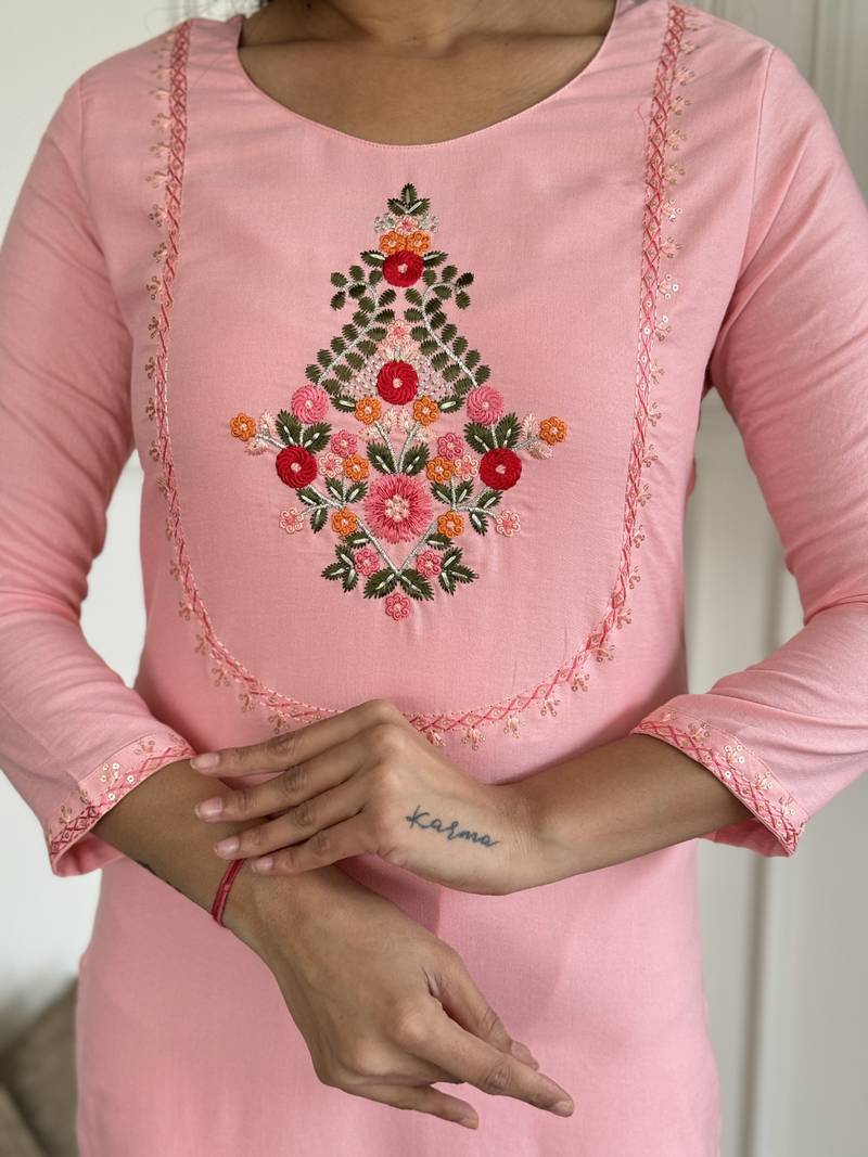 Thread Work Rayon Fabric Straight Kurta, Pant and Dupatta Set