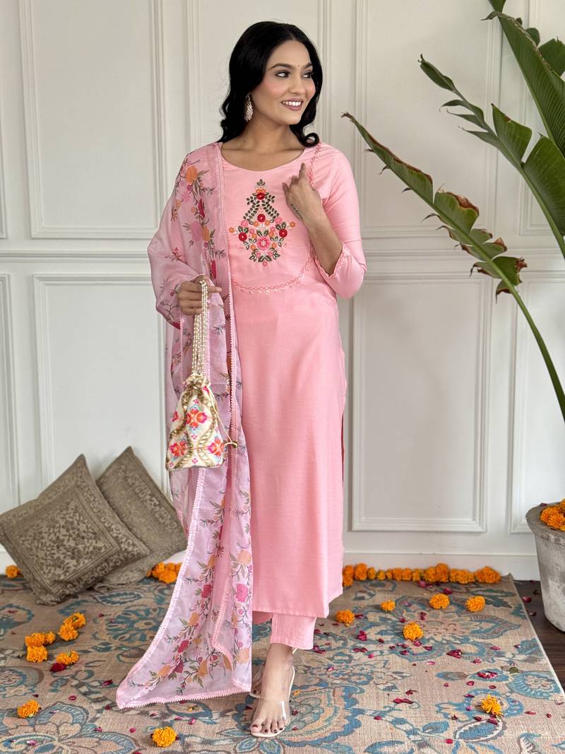 Thread Work Rayon Fabric Straight Kurta, Pant and Dupatta Set