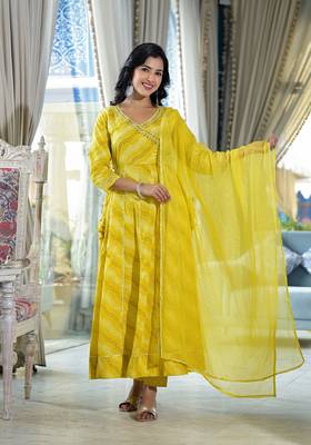 green leheriya printed gotta patti pure cotton anarkali kurta & pyjamas with dupatta 1