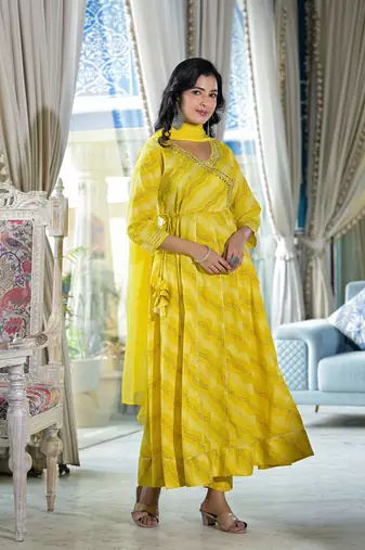 green leheriya printed gotta patti pure cotton anarkali kurta & pyjamas with dupatta
