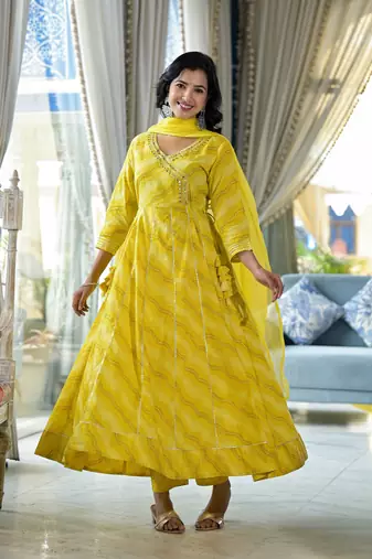 green leheriya printed gotta patti pure cotton anarkali kurta & pyjamas with dupatta