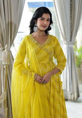 green leheriya printed gotta patti pure cotton anarkali kurta & pyjamas with dupatta 4