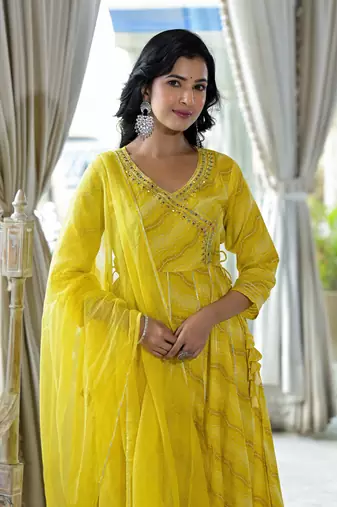 green leheriya printed gotta patti pure cotton anarkali kurta & pyjamas with dupatta