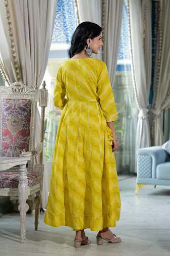 green leheriya printed gotta patti pure cotton anarkali kurta & pyjamas with dupatta