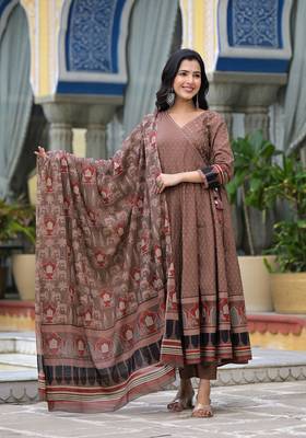 brown brij printed v neck pure cotton anarkali kurta & pyjamas with dupatta 1