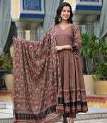 brown brij printed v neck pure cotton anarkali kurta & pyjamas with dupatta