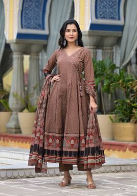 brown brij printed v neck pure cotton anarkali kurta & pyjamas with dupatta 2
