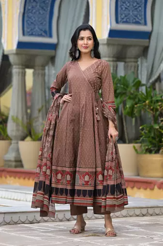 brown brij printed v neck pure cotton anarkali kurta & pyjamas with dupatta