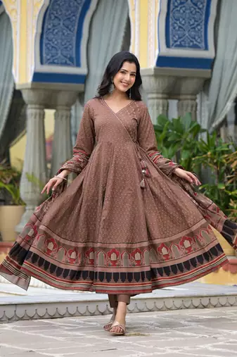brown brij printed v neck pure cotton anarkali kurta & pyjamas with dupatta