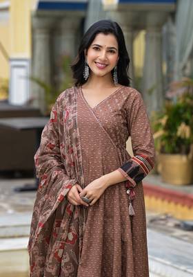 brown brij printed v neck pure cotton anarkali kurta & pyjamas with dupatta 4