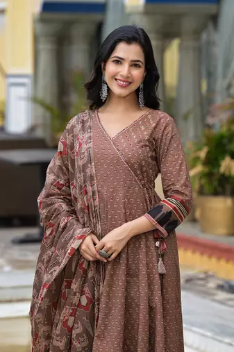 brown brij printed v neck pure cotton anarkali kurta & pyjamas with dupatta