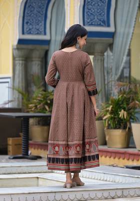 brown brij printed v neck pure cotton anarkali kurta & pyjamas with dupatta 5