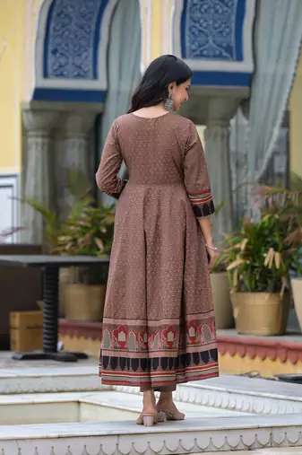 brown brij printed v neck pure cotton anarkali kurta & pyjamas with dupatta