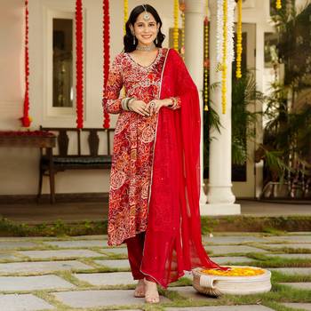 red floral printed v-neck sequinned chinon kurta with trouser & dupatta 1