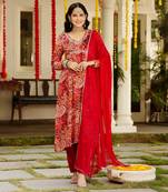 red floral printed v-neck sequinned chinon kurta with trouser & dupatta