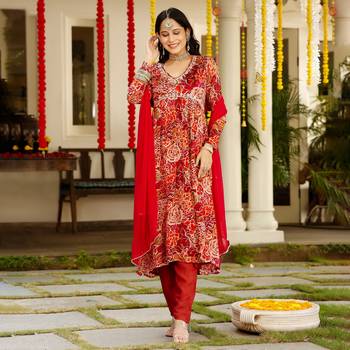 red floral printed v-neck sequinned chinon kurta with trouser & dupatta 2