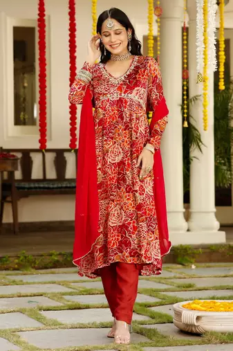 red floral printed v-neck sequinned chinon kurta with trouser & dupatta