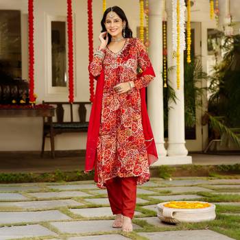 red floral printed v-neck sequinned chinon kurta with trouser & dupatta 3