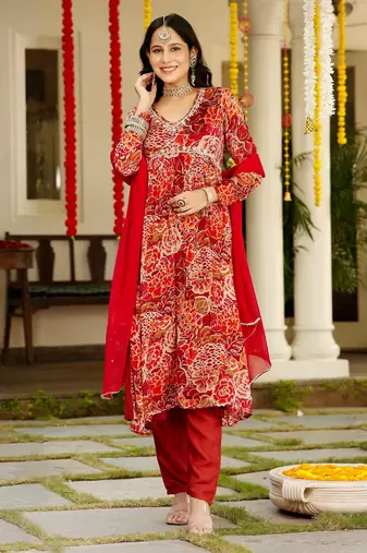 red floral printed v-neck sequinned chinon kurta with trouser & dupatta