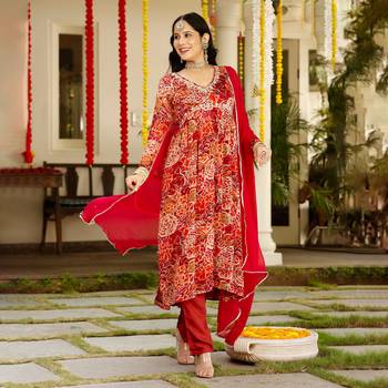 red floral printed v-neck sequinned chinon kurta with trouser & dupatta 4