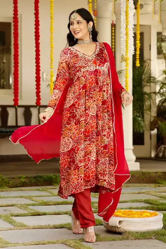red floral printed v-neck sequinned chinon kurta with trouser & dupatta