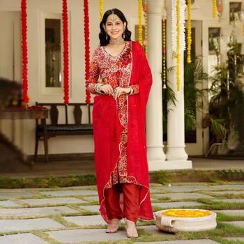 red floral printed v-neck sequinned chinon kurta with trouser & dupatta 5