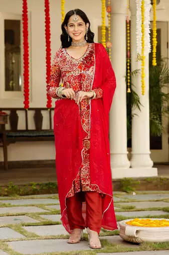 red floral printed v-neck sequinned chinon kurta with trouser & dupatta