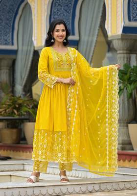 yellow embroidered thread work pure cotton anarkali kurta with pyjamas & dupatta 1
