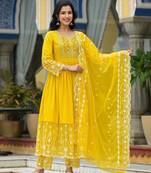 yellow embroidered thread work pure cotton anarkali kurta with pyjamas & dupatta