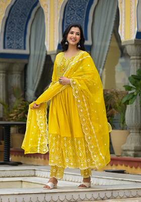 yellow embroidered thread work pure cotton anarkali kurta with pyjamas & dupatta 2