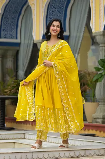 yellow embroidered thread work pure cotton anarkali kurta with pyjamas & dupatta