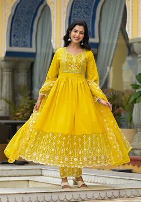 yellow embroidered thread work pure cotton anarkali kurta with pyjamas & dupatta 3