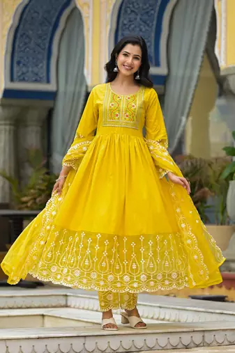yellow embroidered thread work pure cotton anarkali kurta with pyjamas & dupatta