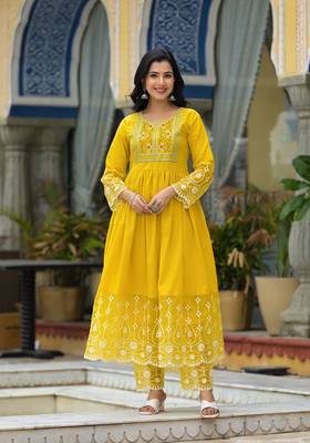 yellow embroidered thread work pure cotton anarkali kurta with pyjamas & dupatta 4