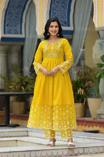 yellow embroidered thread work pure cotton anarkali kurta with pyjamas & dupatta