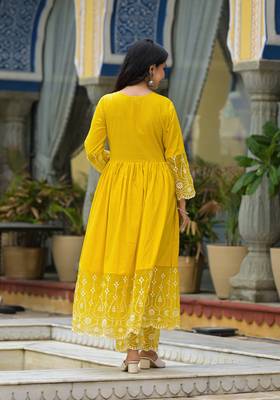 yellow embroidered thread work pure cotton anarkali kurta with pyjamas & dupatta 5