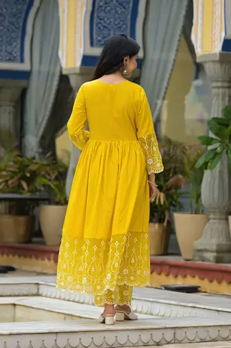 yellow embroidered thread work pure cotton anarkali kurta with pyjamas & dupatta
