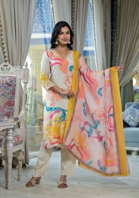 cream printed embroidered beads and stones muslin  straight kurta with pyjamas & dupatta 1