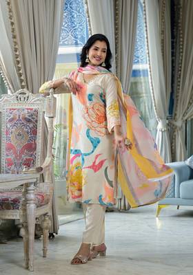 cream printed embroidered beads and stones muslin  straight kurta with pyjamas & dupatta 2