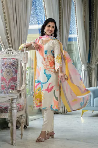 cream printed embroidered beads and stones muslin  straight kurta with pyjamas & dupatta