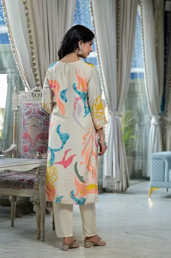 cream printed embroidered beads and stones muslin  straight kurta with pyjamas & dupatta