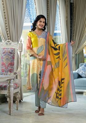 grey printed embroidered beads and stones straight muslin  kurta with pyjamas & dupatta 1