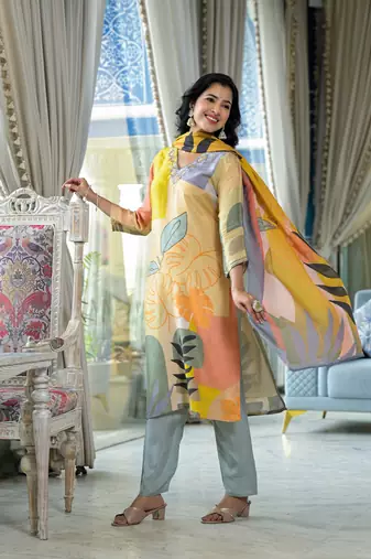 grey printed embroidered beads and stones straight muslin  kurta with pyjamas & dupatta