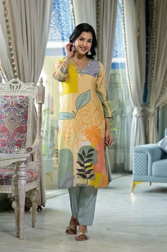 grey printed embroidered beads and stones straight muslin  kurta with pyjamas & dupatta