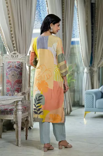 grey printed embroidered beads and stones straight muslin  kurta with pyjamas & dupatta