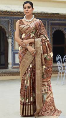 Dark brown dola viscose with topclass print saree with blouse 2
